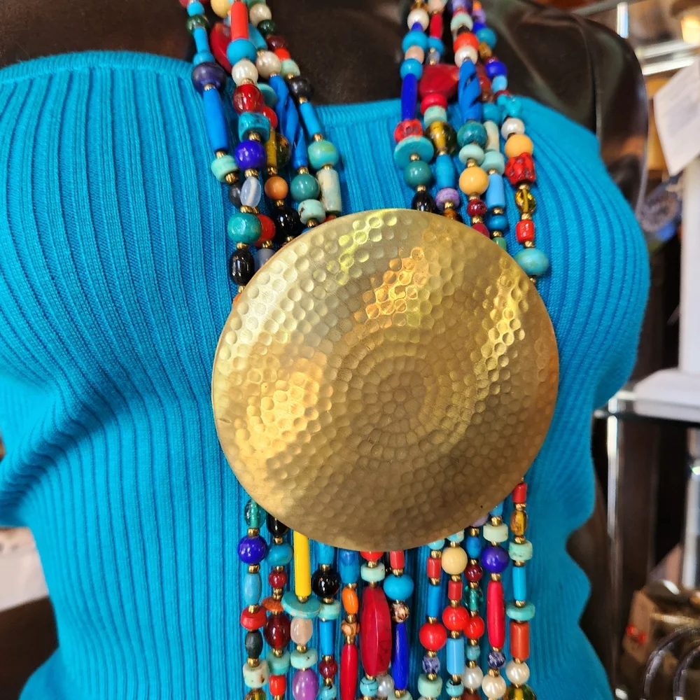 Colorful Beaded Statement Necklace with Bold Medallion, Beaded Fringe 😍Only 1✨️ - Picture 8 of 17